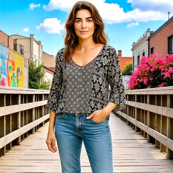 Forever 21 Contemporary Long Bell Sleeve Blouse Top Whipstitching - Picture 1 of 6